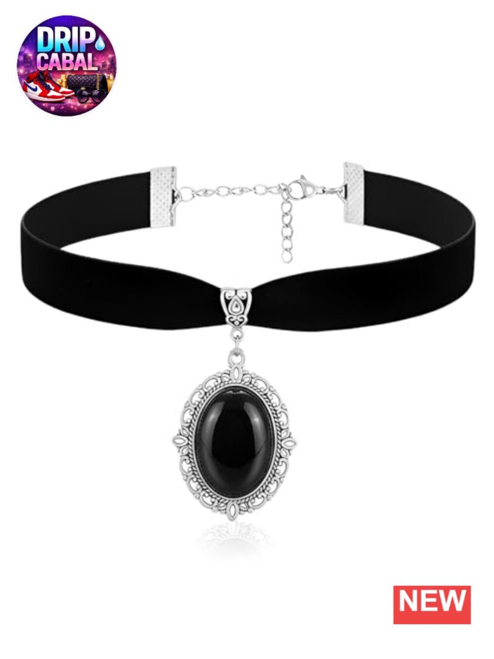Victorian Gothic Choker Necklace with Oval Onyx Gem Pendant